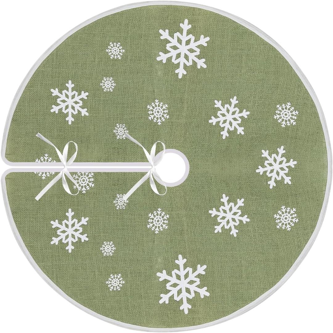 Christmas Tree Skirt, 30 Inch Green Tree Skirt, Burlap Tree Skirt with White Snowflake Small Tree Mat, Farmhouse Christmas Decorations for Holiday Party Home Decor Indoor Outdoor