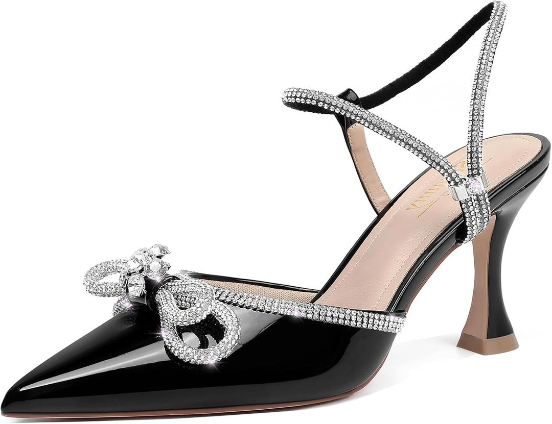 Susanny Women's Closed Toe Rhinstone Wedding Low Heel Slingback Clear Kitten Heels,Adjustable Strap Pointed Toe Bow Pumps High Heeled Prom Dress Shoes (7, Patentblack)