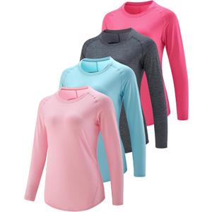 4-Pack: Womens Long Sleeve Athletic Tops with Thumb Holes  Dry Fit Active Crewneck Workout Tees (Large, Pastel Pink/Charcoal/Dawn Blue/Hot Pink)