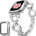 Mesime Compatible with Apple Watch Band 38mm 40mm 41mm 42mm 44mm 45mm , Women Girl Bling Diamond Jewelry Metal Strap Bands with Crystal Tempered Glass Screen Protector Case, Round Shiny Bracelet
