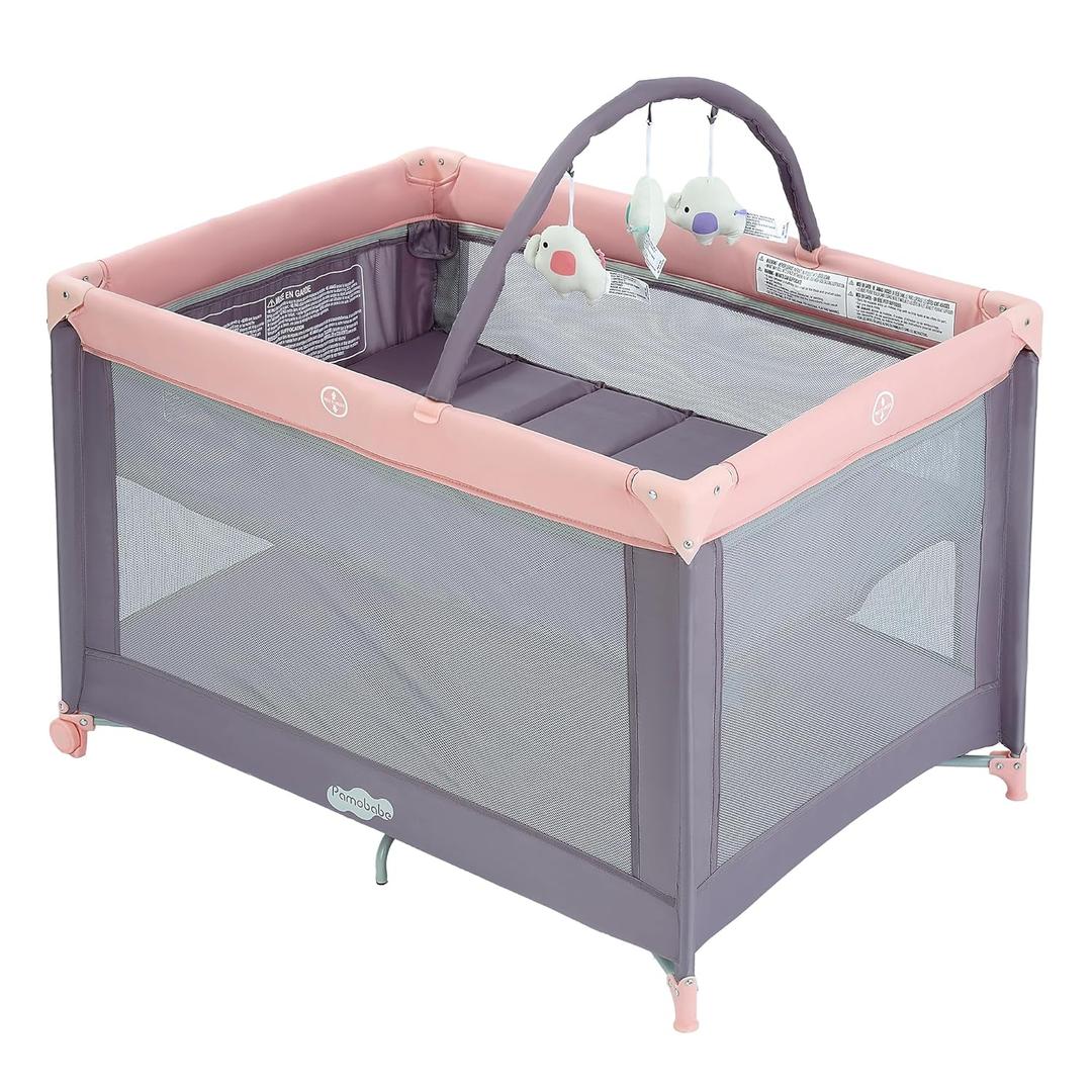 Pamo Babe Portable Playard with Mat Pad and Toy Bar Pink Play Yard for Baby
