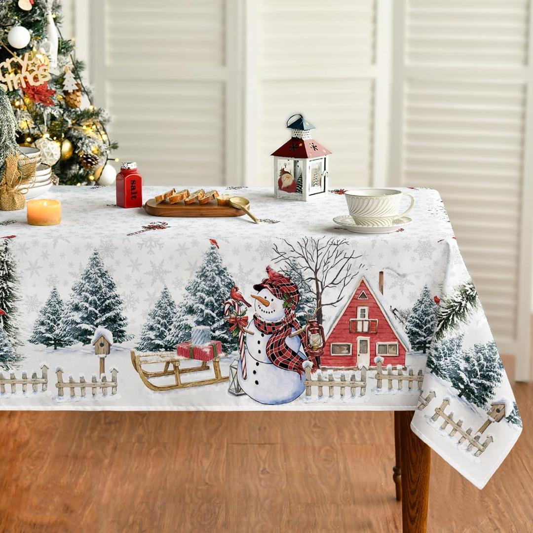 Horaldaily Christmas Tablecloth 60120 Inch Rectangualr, Winter Snowman House Christmas Trees Whirte Washable Table Cover for Party Picnic Dinner Decor (White)