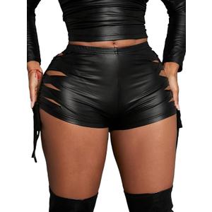 Verdusa Women's Cut Out PU Leather Shorts Slim Bodycon Bandage Hot Shorts Black, X-Small