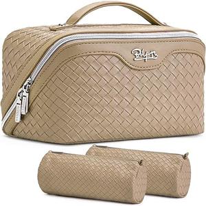 BOYATU Travel Makeup Bags for Women: 3 Pcs Large Make up Bags Set - Vegan Leather Cosmetic Bag for Traveling - Waterproof Toiletry Organizer (L05 Black)