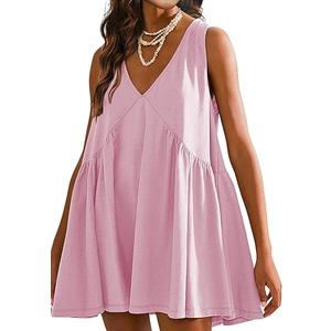 Sleeveless Mini Dress for Women 2025 Summer Casual V Neck Sundress Loose Babydoll Dress with Pockets, XL