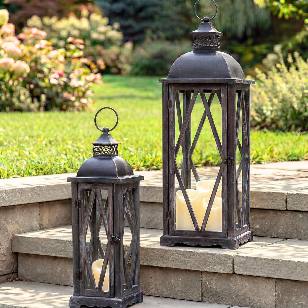 Perfnique Farmhouse Outdoor Lanterns for Patio, Set of 2 Rustic Lanterns Decor, Vintage Hanging Candle Holder Decorative for Porch, Garden, Yard, Indoor (No Glass, Dark Brown)