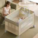 4 in 1 Baby Bassinet, Portable Bedside Crib Sleeper, Quickly Assembled Crib with Diaper Changer, Foldable Baby Playard with Mattress and Wheels for Newborn to Toddler, Beige