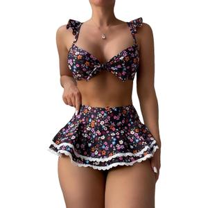 Women's 2 Piece Ruffle Bikini Sets Floral Tummy Control Skort Swimsuit Bathing Suit Beachwear (X-Large, Multicolor)