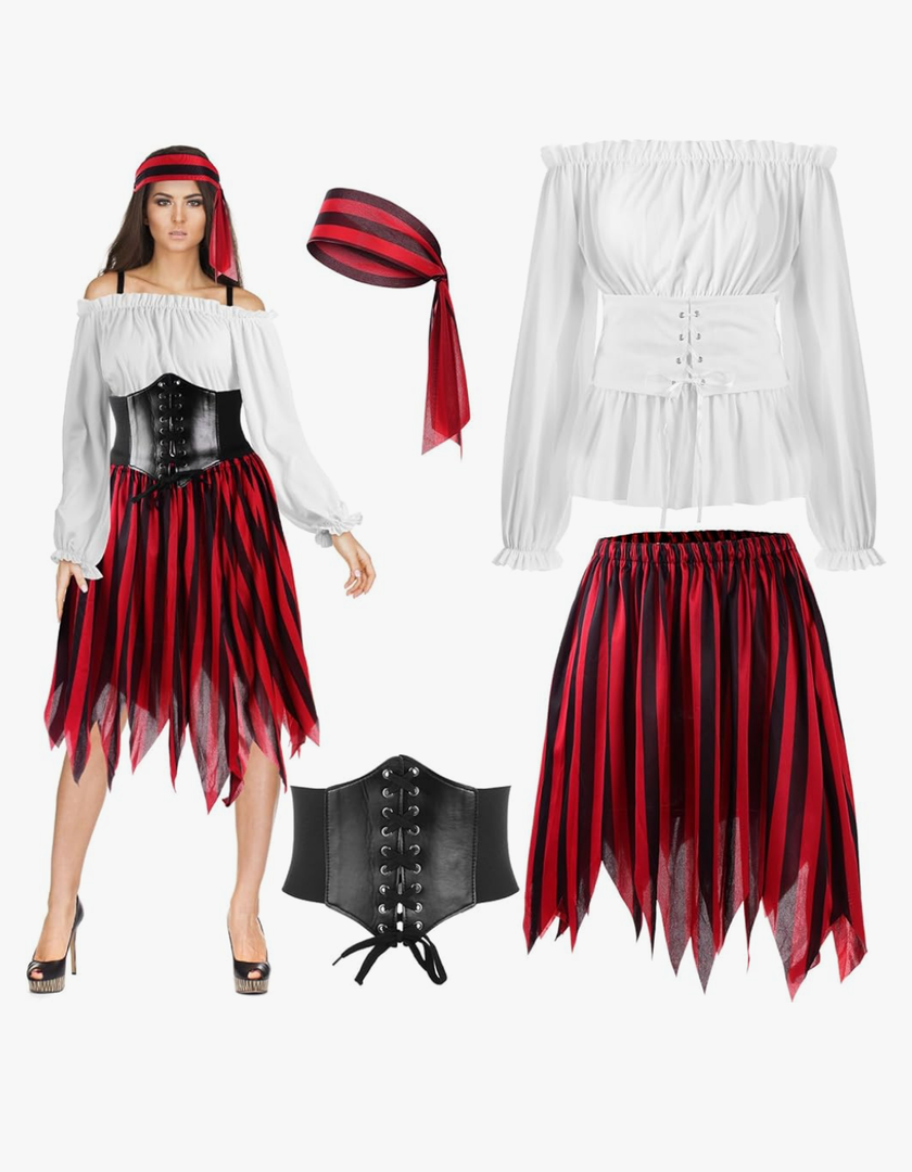 Newcotte Pirate Costume Women Adult Renaissance Blouse Top Corset Waist Belt Pirate Skirt Medieval Womens Outfit Halloween, Large