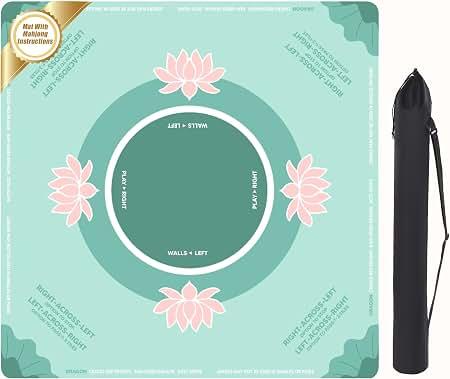 HOMBYS Wrinkle-Free Portable Mahjong Mat with Playing Instructions, Roll-Packed Double Sided Anti-Slip & Noise Reduction Table Mat Cover for Mahjong & Board Games, 31.5x31.5 Inch (Green Lotus)
