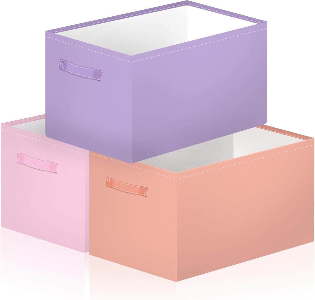 Boao 3 Pack Fabric Storage Bins for Shelves, Pastel Canvas Storage Baskets with Handles, Collapsible Closet Organizer Bins for Clothes Toys Books Laundry Nursery Bedroom