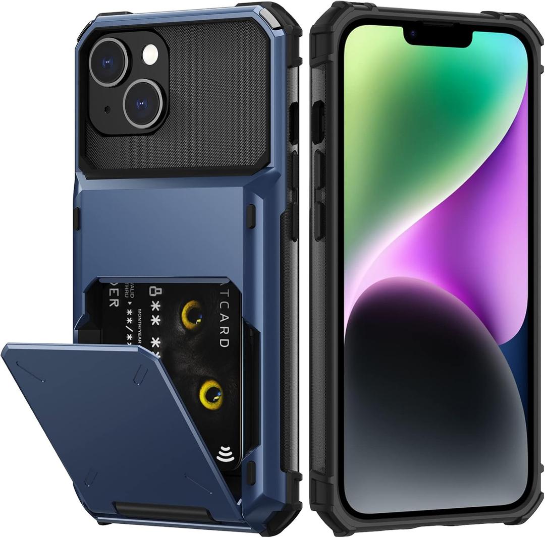 Nvollnoe for iPhone 14 Case with Card Holder [Store 5 Cards] Dual Layer Heavy Duty Shockproof Wallet Case with Hidden Card Slot Large Storage Cover for iPhone 14 (Blue)