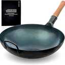 YOSUKATA 13.5" Carbon Steel Wok Pan  Pre-Seasoned Flat Bottom Pow Wok for Stir Fry, BBQ, Grill & Camping  Traditional Japanese Chinese Cookware  Compatible with Induction, Electric, Gas, Open Fire (34cm)