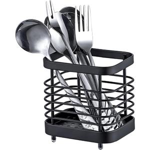 Kitchen Sink Utensil Holder of Drying Rack, Small Stainless Steel Cutlery Drainer Caddy,Spoon and fork organizer (Black)