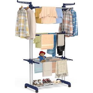 Bigzzia Clothes Drying Rack, 67.7 Inch Laundry Drying Rack with Foldable Base, 4 Tier Stainless Steel Drying Rack Clothing, Movable Laundry Rack for Indoor Outdoor-Blue