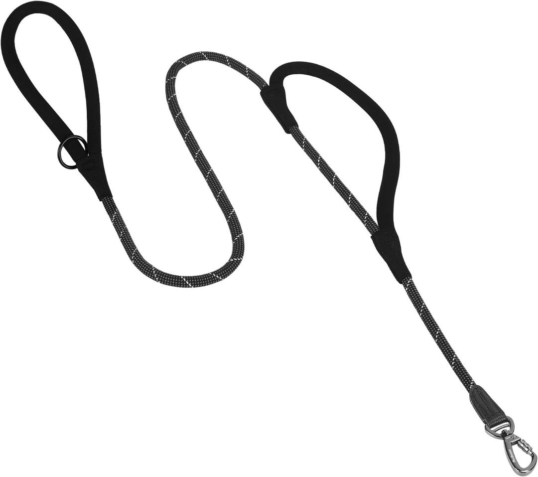 PetBonus Double Handle Rope Dog Leash, 6FT Heavy Duty Training Lead with Lockable Hook and 2 Comfortable Padded Handles, Reflective Walking Nylon Leash for Small Medium Dogs (11-55 lbs, Black)