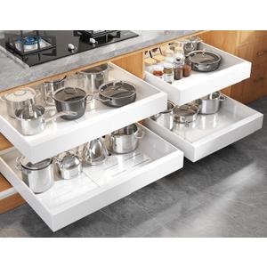 Seinloes 4 Pack Expandable Pull Out Cabinet Organizer 21"Deep With Raising Pad for Framed Cabinets,Upgrade 3 Slide Rails Slide Out Drawers,No Drill Roll Out Shelves,Adjustable Width 15.1"-26.3" White