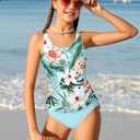 Qaoerde Girls Swimsuit Tropical Print Bikini Set with Ruffle Hem Two Piece Criss Cross Bathing Suits for Girls 7-14 Years (9-10 Years, Blue Plant)