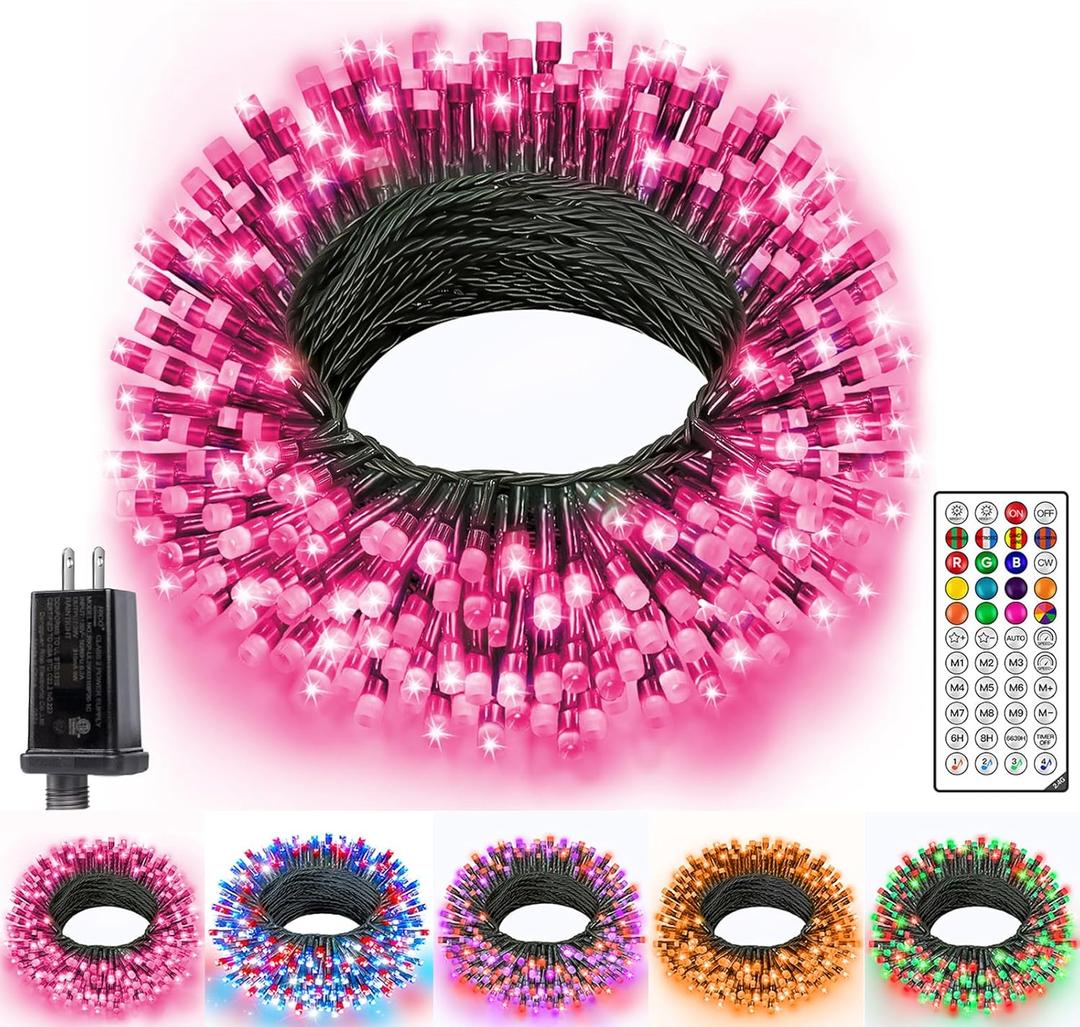 Ollny RGB Valentine's Day Lights Outdoor 200 LEDs 66 FT, 130 Modes Color Changing Connectable Christmas Lights with Remote, Timer & Waterproof, Xmas String Light for All-Year House Decorations (Green Wire)