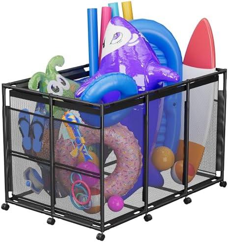 POOLHOUR Pool Float Storage – Outdoor Pool Toy Storage Organizer for Pool Noodles, Toys, Floats, Balls,Equipment, Mesh Rolling Storage Organizer Bin, Black