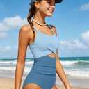 TyeSmo Girls Swimsuit Teen Swimsuits for Girls 16-18 One Piece Cutout Ruched Teen Bathing Suits for Girl 16-18 Cute V-Neck Adjustable Straps Padded Swimwear Baby Blue
