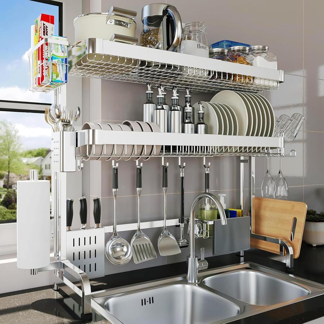 Over The Sink Dish Drying Rack, 3 Tier Adjustable Length Full Stainless Steel Large Storage Kitchen Dish Rack, for Kitchen Counter Expandable Multifunctional Organizers, Silver (25.5'' to 37.6'')