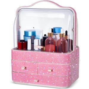 Honeydak Bling Makeup Organizer for Teen Girl Christmas Gifts Rhinestone Cosmetic Display Cases with Transparent Cover, Skincare Organizers Perfume Organizer for Countertop, Desk(Pink,Rhinestone)