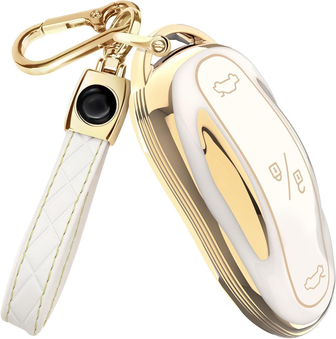 Lucrum Compatible with Tesla Model 3 S Y Key Fob Cover & Leather Keychain - TPU Keyfob Case for Model 3/S/Y (White)