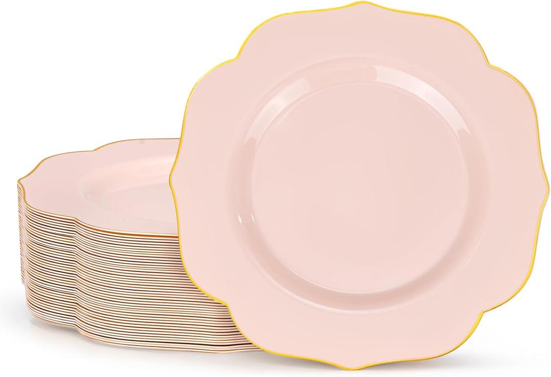 bUCLA 48Pieces Pink Plastic Dessert Plates - 7.5inch Premium Hard Pink with Gold Rim Small Cake/Salad/Appetizer Plates Disposable for Wedding, Party, Shower & Easter (48PCS)