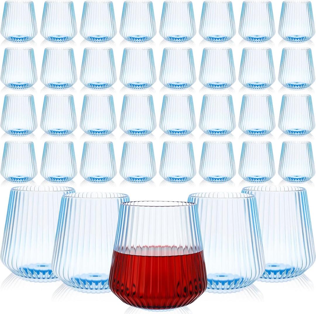Suclain 100 Pcs 14oz Ribbed Plastic Wine Glasses Disposable, Blue, 3.54 inches