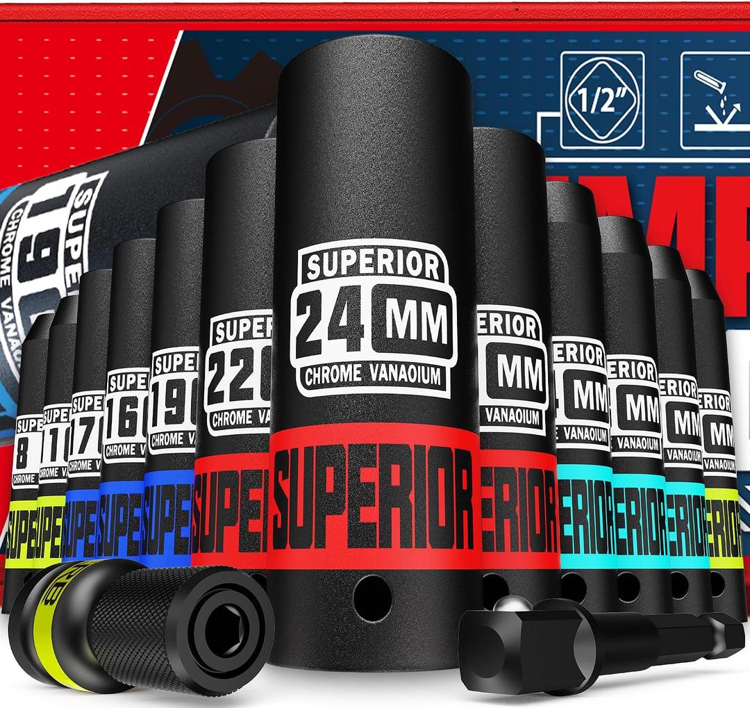 Aiourx 14 Piece 1/ 2" Drive Impact Socket Set, 8 mm - 24 mm Deep Socket, Metric Socket Set With Adapter & Quick-Release Holder, 6 Point, CR-V, Automotive Maintenance, Machinery Manufacturing