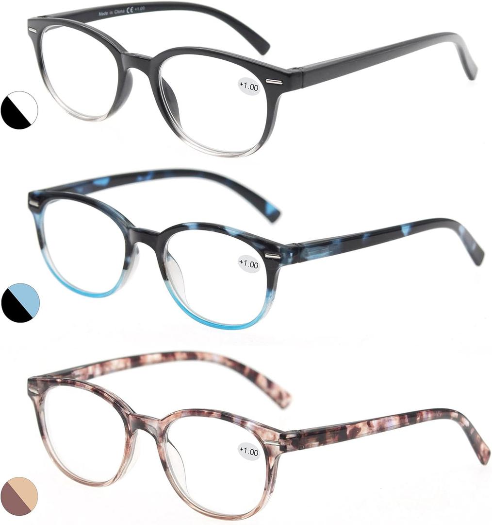 MODFANS Reading Glasses 1.25 Women 3 Pack Spring Hinge Fashion Round Stylish for Reading with Pouch