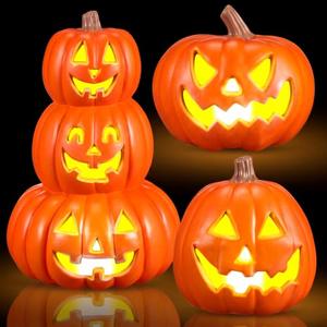 Kittmip 3 Pcs Stacked Halloween LED Pumpkin Jack O Lantern, Mixed Size