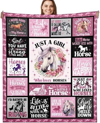 Horse Gifts for Girls Throw Blanket, Just a Girl Who Loves Horses Design Soft Cozy Comfy Flannel Blanket, Animal Lover Gift for Women Kids Friends, Purple (50" x 60")