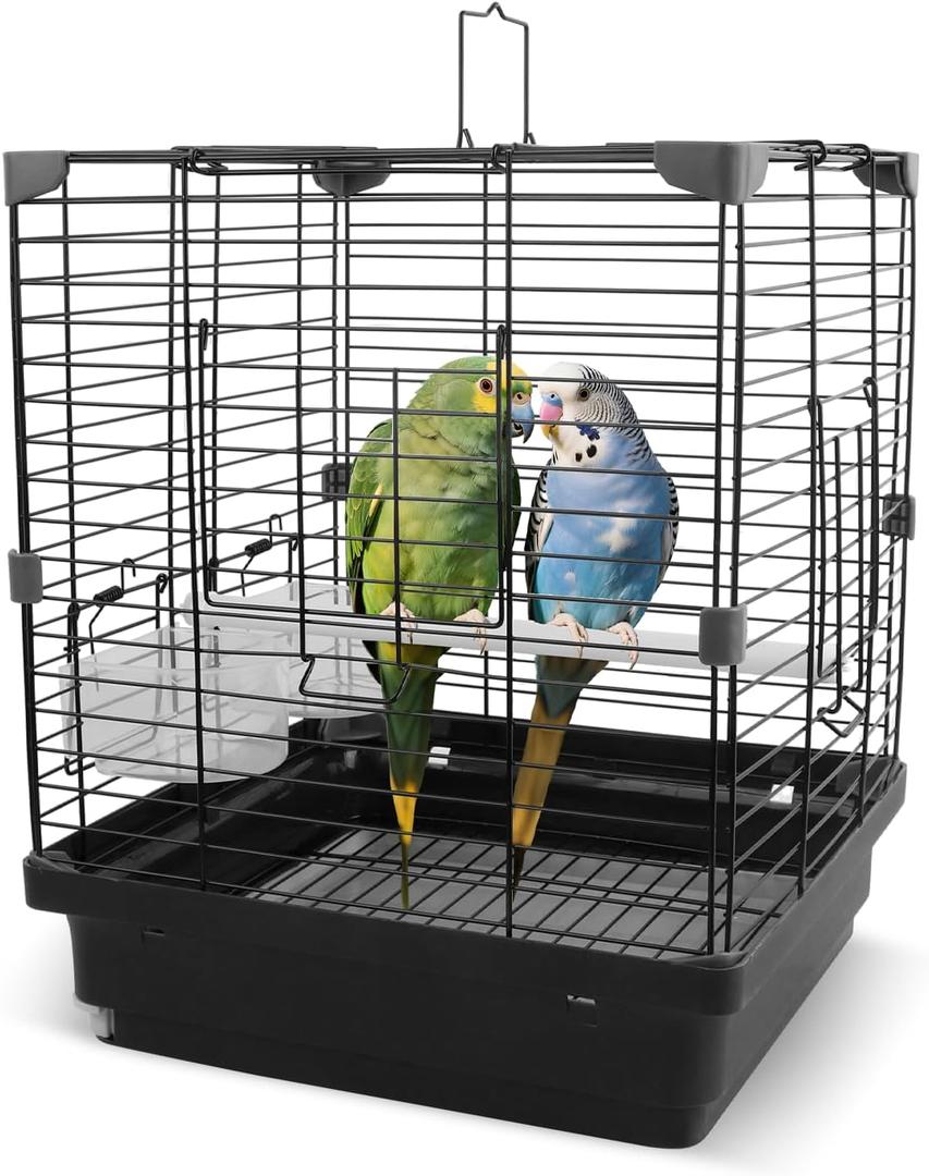 Small Bird Cage for Parakeets, Budgies & Canaries and More Small Birds - Lightweight Travel Birdcage & Bird Carrier with Handle, Stand, Removable Tray, Portable for Hanging, Outdoor Use, Black