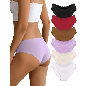 Women's Seamless Underwear No Show invisible Stretch Panties Ladies Low Rise Cheeky Wave Edge Bikini Panties 6 Pack, M 