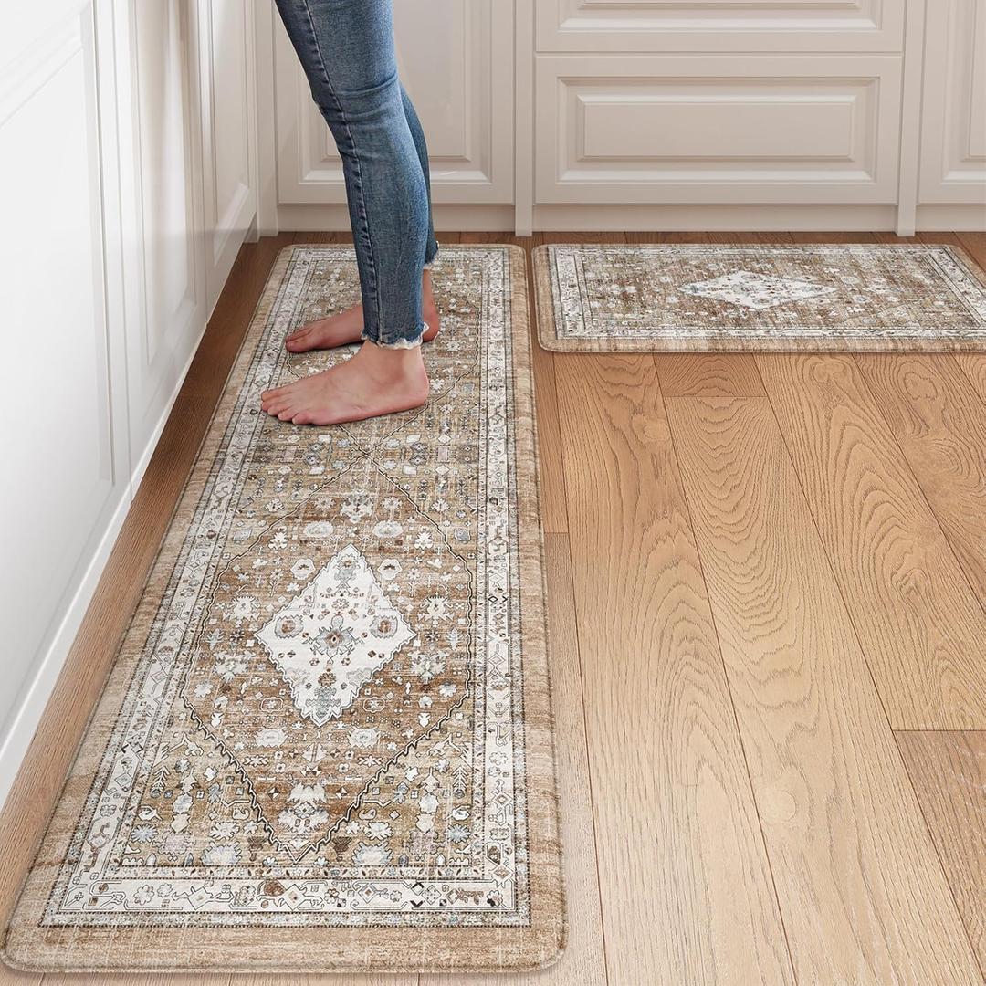 Collive Farmhouse Anti Fatigue Kitchen Mat, Cushioned Kitchen Rug Sets of 2 Waterproof Non Slip Kitchen Floor Mats Ergonomic Comfort Standing Mat for Laundry, Office, Sink, Desk, Cream/Brown, Size: 17.3"x59"+17.3"x30"