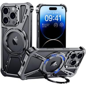 X Case for iPhone 14 Pro Case 6.1",with Kickstand 360Rotatable Magnetic Ring Stand,[Compatible with MagSafe] Shockproof Aluminum Metal Phone Case Slim & Light Phone case,Gray (Black)