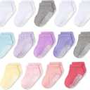 CozyWay Girls Non-Slip Ankle Socks - Soft Cotton Grippy Ankles - Slip-Resistant Design for Girls Socks with Grips - Low-Cut Fit, 5-7 Years, 14-Pack