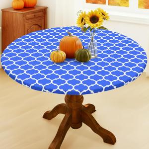 Smiry Round Picnic Tablecloth, Waterproof Elastic Fitted Table Covers for 36" - 44" Tables, Wipeable Flannel Backed Vinyl Tablecloths for Camping, Indoor, Outdoor, Blue & White