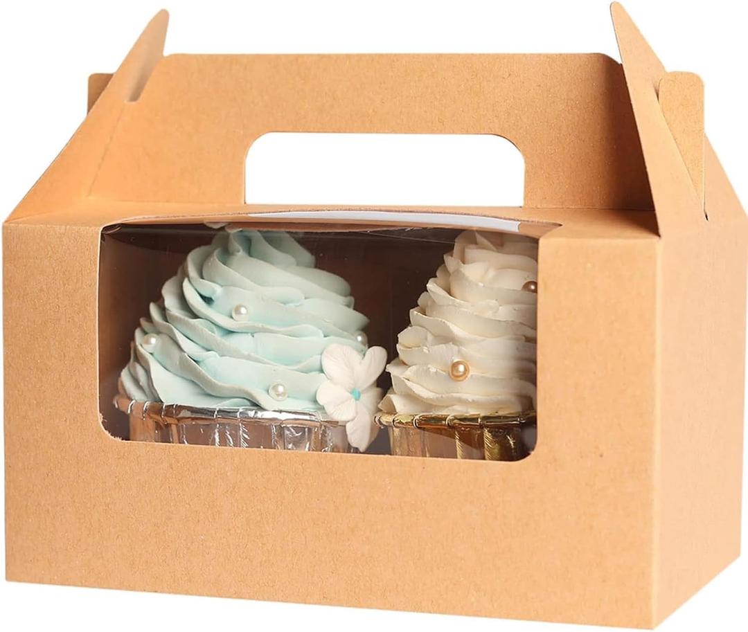 qiqee Cupcake Box Two Holder 6.5x3.6x3.5inch(2.2" Top) 50pcs Brown 2 Cupcake Boxes With Window
