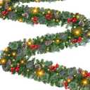 9 Foot by 10 Inch Christmas Garland - 50 LED Lights, Battery Operated Lighted Garland Wreath with Pine Cones Red Berries Lush Branches, Prelit Garland Xmas Decoration Indoor Outdoor Home Holiday