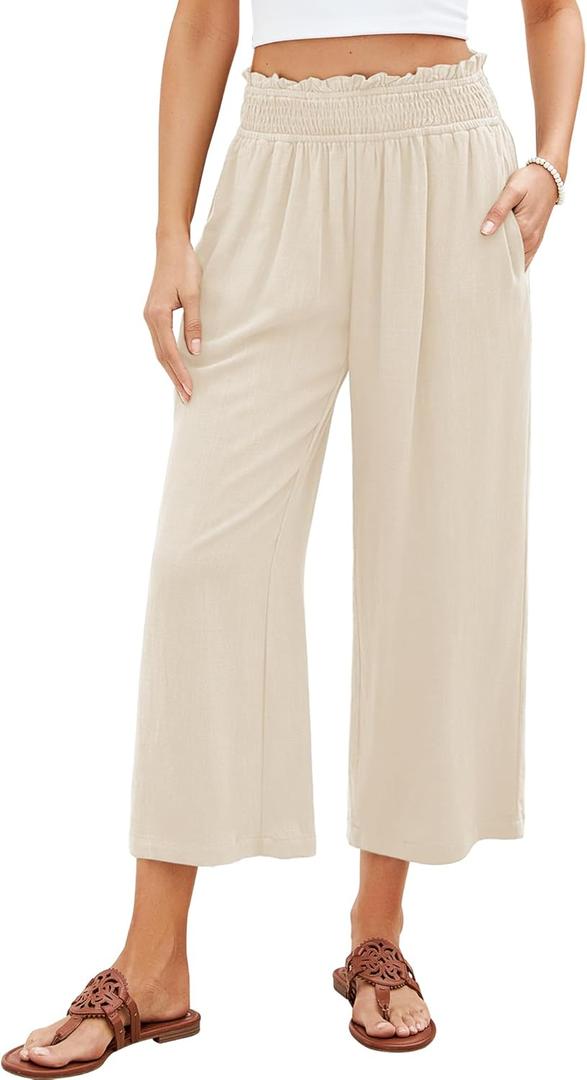 GRAPENT Capri Pants for Women High Waisted Wide Leg Linen Palazzo Trousers Pull On Elastic Smock Waist Loose Flowy Pants (Small, Beige)