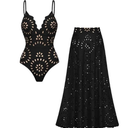 New Summer Women's Laser Cut Out Halter Sexy Hollow Out One Piece Swimsuit Skirt Set, Fashionable Pool Outfit Small