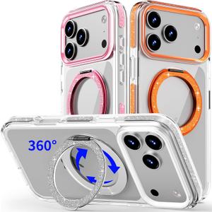 COOLQO Magnetic for iPhone 17 Pro Max Case 360 Spin Stand, Fit for MagSafe, Military Grade Drop Protection, Anti-Yellowing, Glitter Shiny Sparkle Shockproof Case for iPhone 17 Pro Max 6.9", Silver