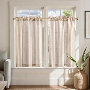 jinchan Linen Kitchen Curtains 36 Inch Length Striped Tier Curtains Ticking Stripe Small Drapes for Living Room Bathroom Cafe Small Window Farmhouse Rustic Pinstripe Rod Pocket 2 Panels Tan, Size 26"W- 36"L