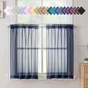 Aiyufneg Navy Blue Sheer Curtains 36 inches Long, Short Kitchen Window Treatment Solid Sheers Cafe Curtains Bathroom Voile Half Window Curtains 2 Panels, Rod Pocket, 40" Wx36 L