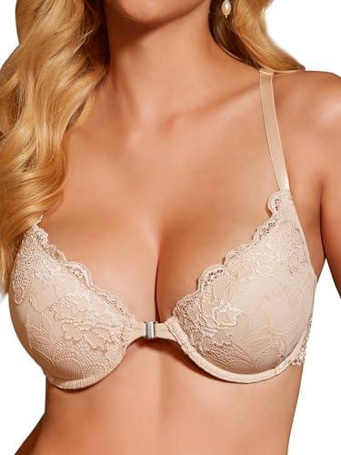 zossav Push Up Lace Front Closure Bra for Women Padded Underwire Plunge Demi Racerback Bralette 32 B