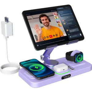 6 in 1 Wireless Charger for Apple Multiple Devices, Charging Station with Clock &7 Color Ambient Light, Foldable Rotate Stand for iPad, for iPhone17/16/15, Support for Apple Watch11/10 for AirPods4