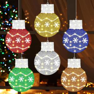 Glooglitter 6 Pcs 12 Inch Christmas Window Silhouette Lights Decorations Christmas Ball Lights Wreath Large Metal Window Decor LED Battery Operated with Suction Cup for Xmas Window Glass Wall Decor